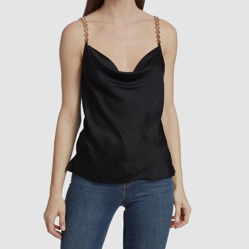 NWT $180 L'Agence Women's Black Satin Chain Straps Cowlneck Cami Tank Top Size L